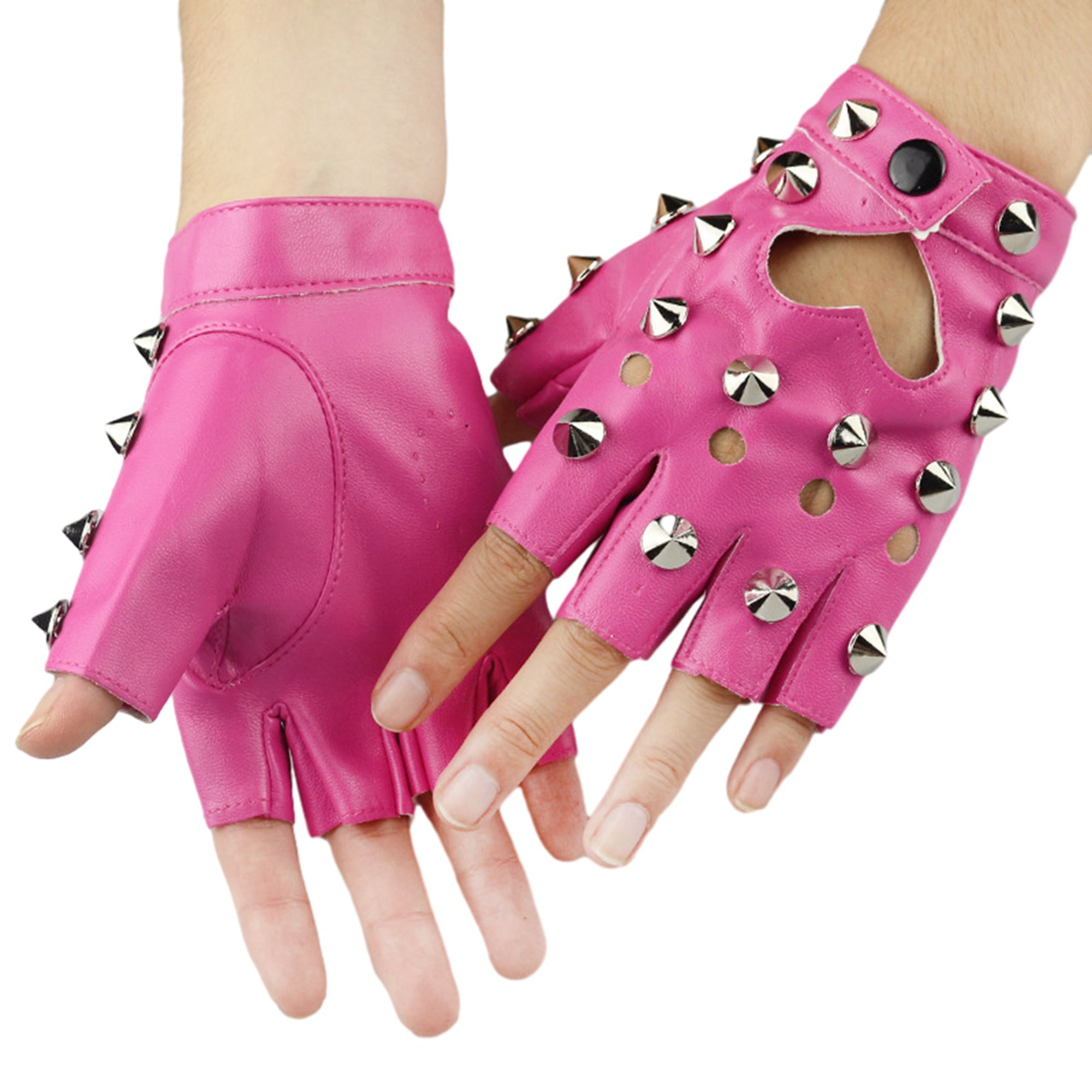 Women Punk Gloves Leather Hollowed Heart Rivet Rockstar Fingerless