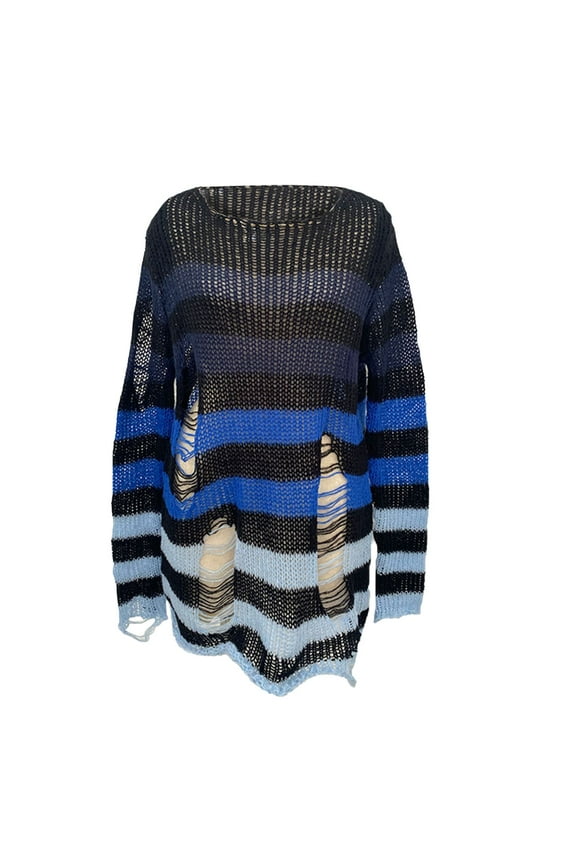 Women Punk Gothic Long Sweater Hollow Out Oversized Striped Ripped Pullover Dress Y2K Aesthetic Jumper Loose