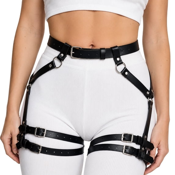 Women Punk Leather Thigh Harness, Adjustable Buckle Leg Ring Straps, Gothic Body Chain Accessories for Cosplay, Party, Concert & Club Wear One Size