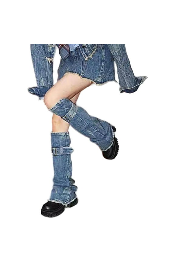 Women Punk Leg Warmer with Buckled Harajuku Washed Jeans Blue Leg Sleeve Socks