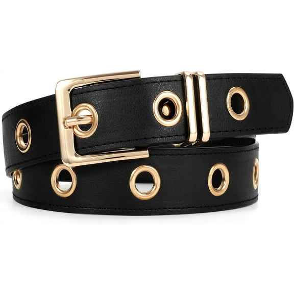Women Punk Rock Belt for Jeans Dresses Grommet Waist Belt with Chain Hip-hop Style