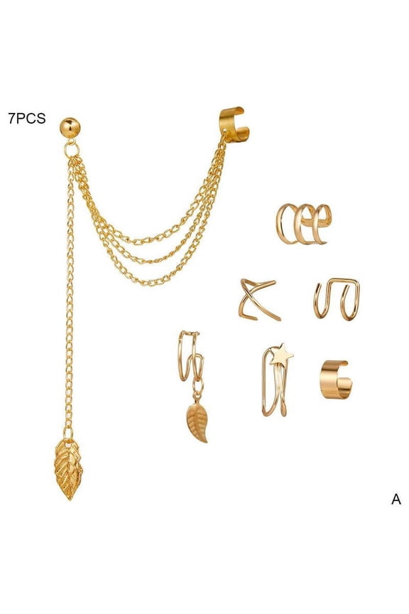 Women Punk Rock Leaf Chain Tassel Dangle Ear Cuff Wrap Clip K4X5 Ear Earrings N8Y8