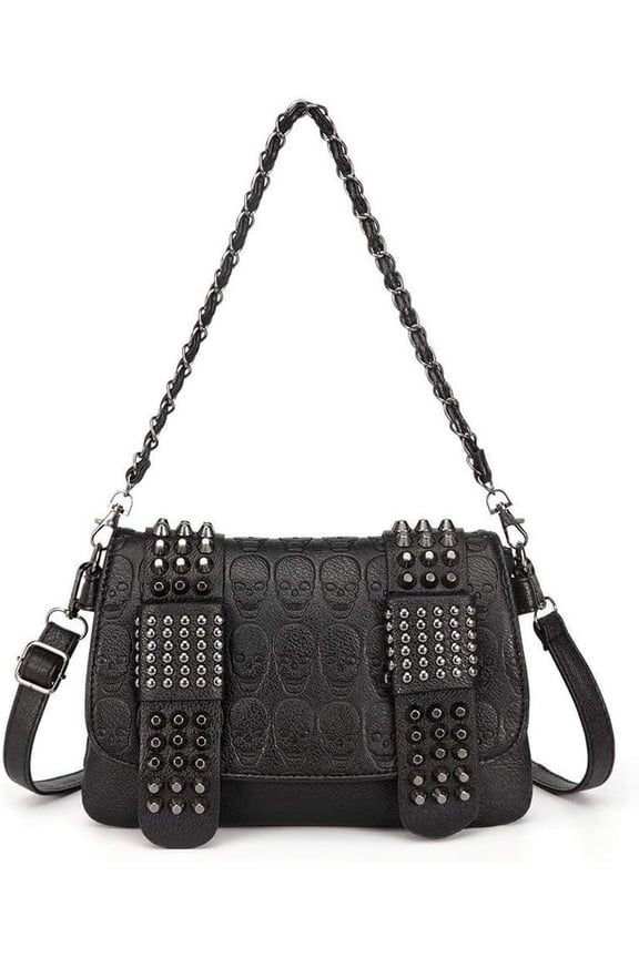 Women Punk Skull Shoulder Top-Handle Bag Goth Rivet Purse Handbag PU Leather Chain Satchel Tote Black