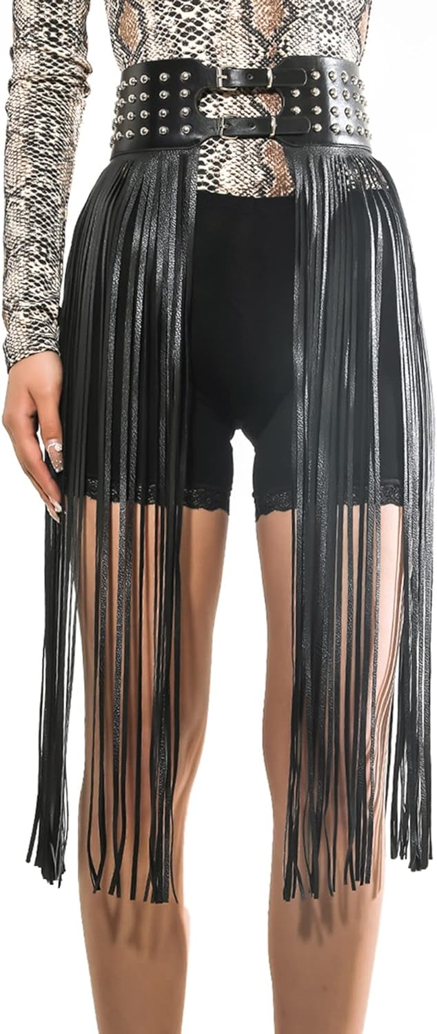 Women Punk Waist Belt Rivet Studded Tassel Fringe Skirt Belt  display picture 3