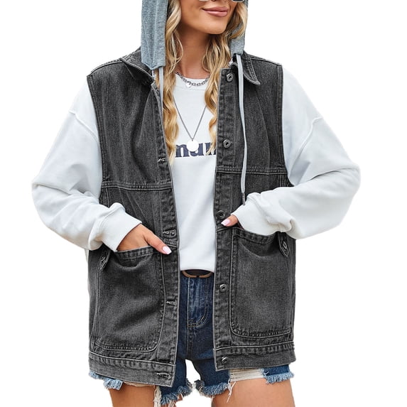 Women Pure Color Denim Vest with Detachable Hood Casual Plain Color Female Hooded Denim Vest Black Gray L