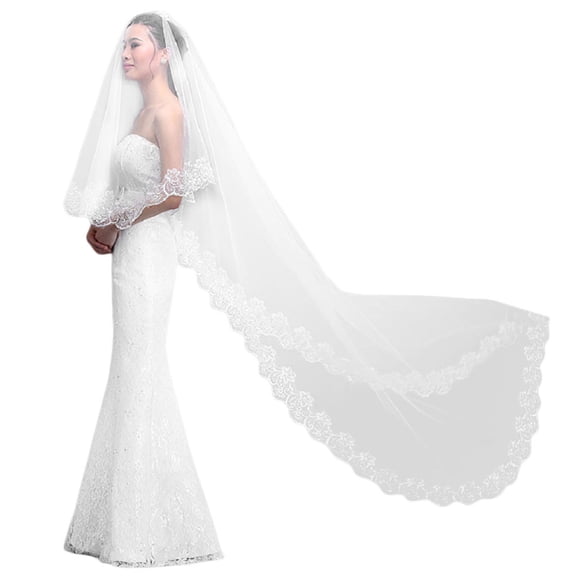 Women Pure White Wedding Veil for Long Embroidered Floral Lace Scalloped Edge