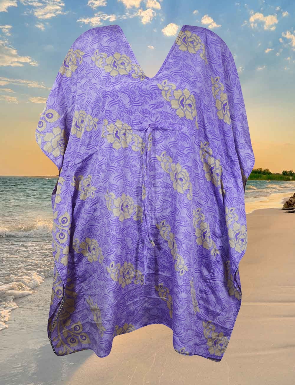 Women Purple, Beige Floral Boho Chic Kaftan, Leisure Wear, Housedress ...