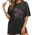 thumbnail image 1 of Women Purple Rose Floral Line Art Washed Graphic T-Shirt Comfortable Tops Round Neck Cotton T Shirt Black S-2XL Plus Size, 1 of 5
