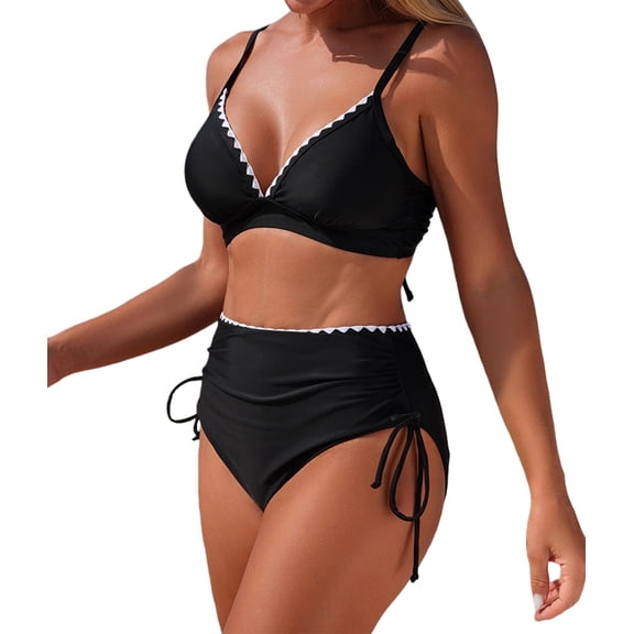 Women Push Up Bikini Set - Two Piece Swimsuit V Neck Crisscross Back Bathing Suit Swimwear Black L