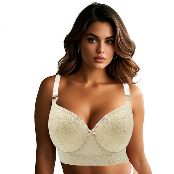 Women Push Up Bra Plus Size Lace Underwire Soft Everyday Bras Widen Band Full Coverage Bra Back Fat Smoothing Bra Nude 36DDD