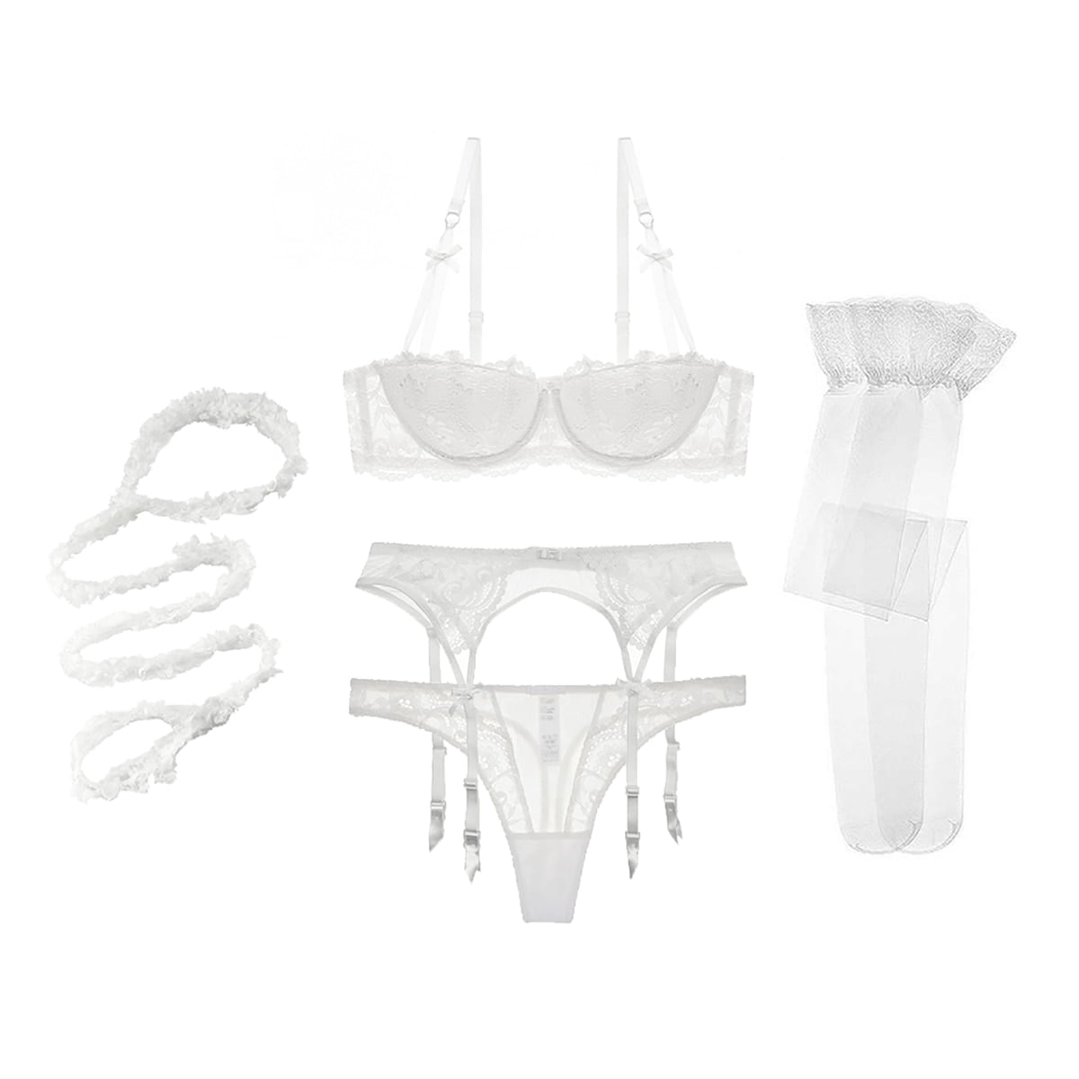 Women Push Up Bras Set Lace Lingerie Bra and Thong and Garter and Stocking and Halter 5Pcs
