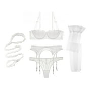 Women Push Up Bras Set Lace Lingerie Bra and Thong and Garter and Stocking and Halter 5Pcs