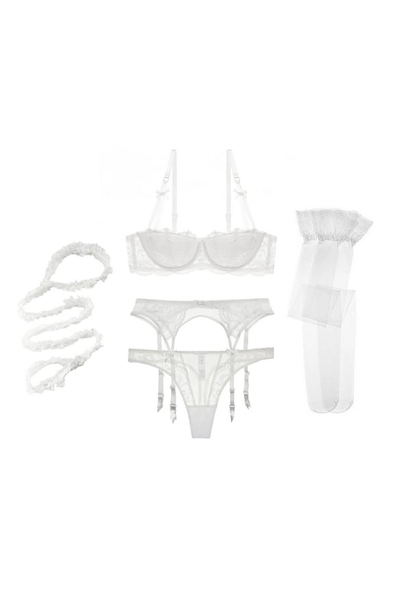 Women Push Up Bras Set Lace Lingerie Bra and Thong and Garter and Stocking and Halter 5Pcs