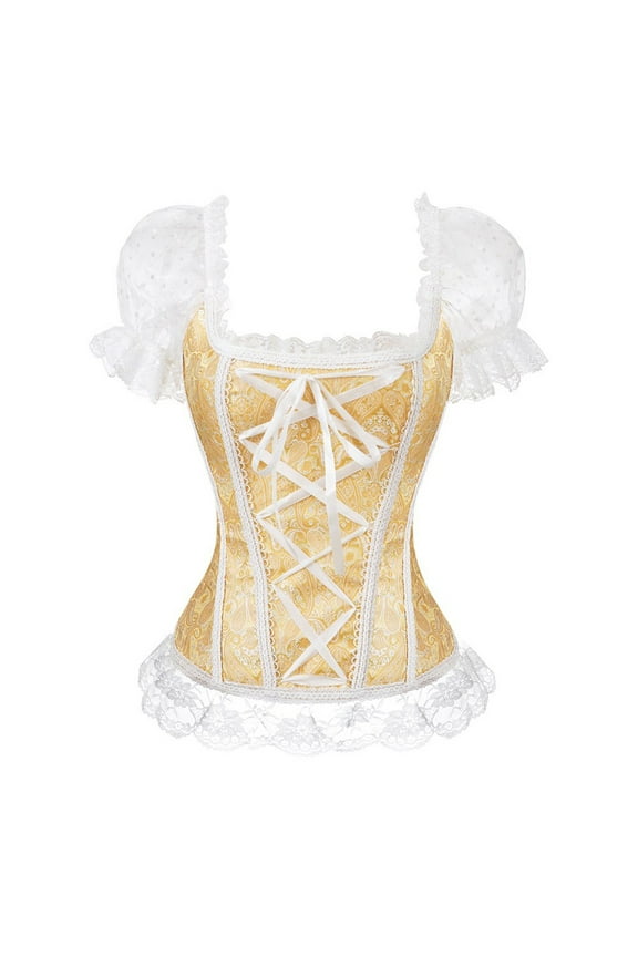 Women Push Up Corset Tops Renaissance Victorian Gothic Shirts Mesh Bustier Tees Peasant Festival Fair Cosplay Lace Blouse