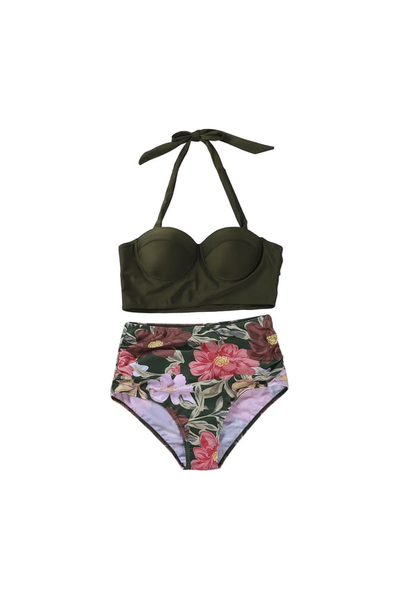 Women Push Up Halter High Waist Floral Printed Bikini Set Bra Padded Swimwear Bandage Swimsuit Bathing Suit