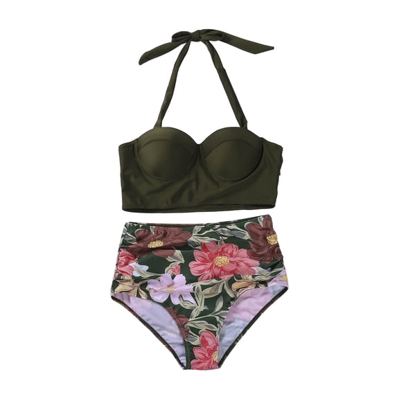 Women Push Up Halter High Waist Floral Printed Bikini Set Bra Padded Swimwear Bandage Swimsuit Bathing Suit