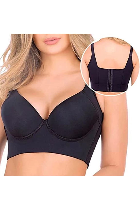 Women Push Up Sports Bra Deep Cup Full Back Incorporated Coverage Hide Back Fat Bra with Shapewear