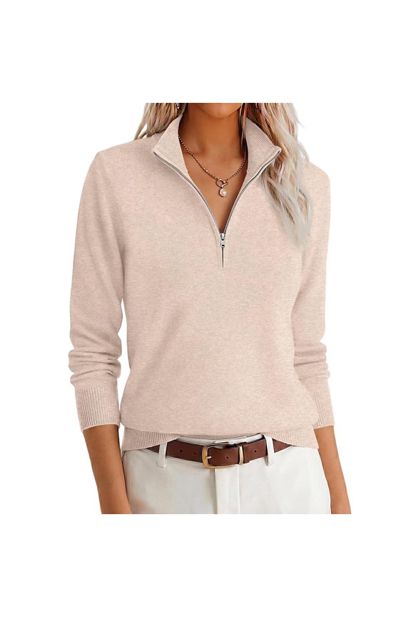 Women Quarter Zip Long Sleeve Solid Color Soft Knit Fall Pullover Sweater, S