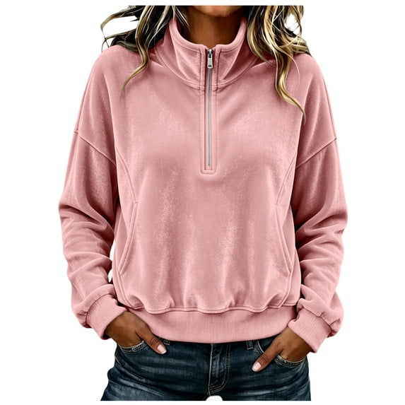 Women Quarter Zip Pullover Long Sleeve Velvet Sweatshirt Soft Cozy Lightweight Fall Winter Casual Loose Fit Tops Warm Outdoor Sports Wear M