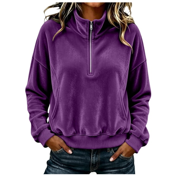 Women Quarter Zip Pullover Long Sleeve Velvet Sweatshirt Soft Cozy Lightweight Fall Winter Casual Loose Fit Tops Warm Outdoor Sports Wear XXXL