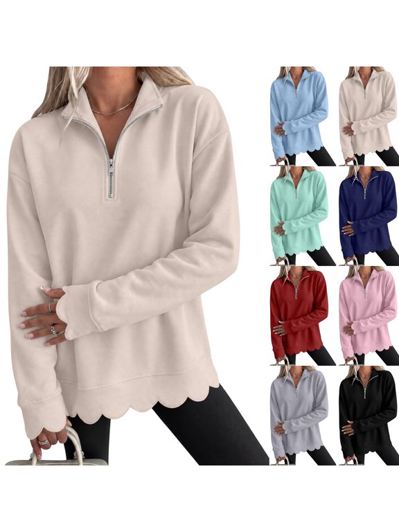 Women Quarter Zip Pullover Soft Mock Neck Half Zip Sweatshirt Long Sleeve Loose Drop Shoulder Scalloped Hem Top Tee