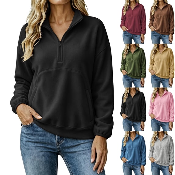 Women Quarter Zip Sweatshirt Sevevn Quarter Zip Stand Collar Relaxed Fit Fleece Fabric Drop Shoulder Kangaroo Pocket Long Sleeve For Casual Daily Wear