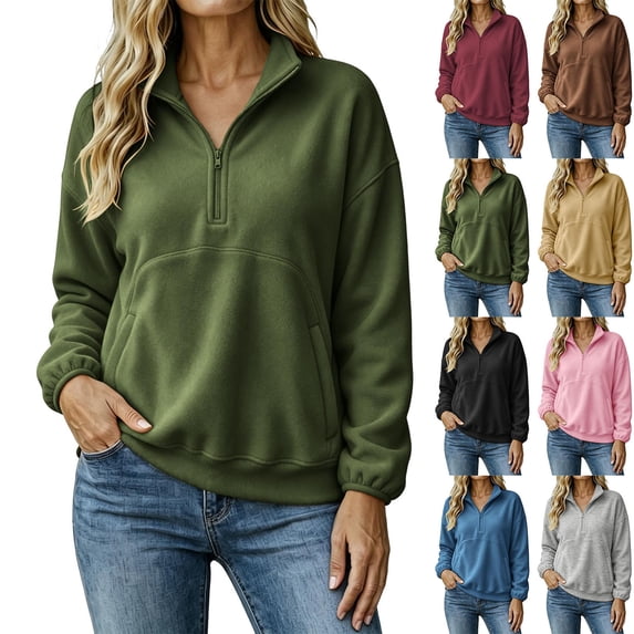 Women Quarter Zip Sweatshirt Sevevn Quarter Zip Stand Collar Relaxed Fit Fleece Fabric Drop Shoulder Kangaroo Pocket Long Sleeve For Casual Daily Wear