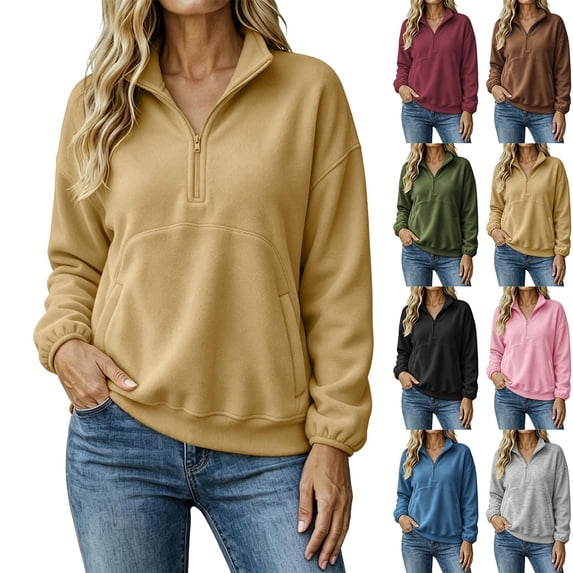 Women Quarter Zip Sweatshirt Sevevn Quarter Zip Stand Collar Relaxed Fit Fleece Fabric Drop Shoulder Kangaroo Pocket Long Sleeve For Casual Daily Wear