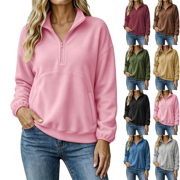 Women Quarter Zip Sweatshirt Sevevn Quarter Zip Stand Collar Relaxed Fit Fleece Fabric Drop Shoulder Kangaroo Pocket Long Sleeve For Casual Daily Wear