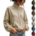 thumbnail image 1 of Women Quarter Zip Sweatshirt Sevevn Quarter Zip Stand Collar Relaxed Fit Fleece Fabric Kangaroo Pocket Drawstring Hem Lantern Long Sleeve For Daily Wear, 1 of 8