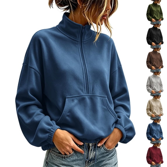 Women Quarter Zip Sweatshirt Sevevn Quarter Zip Stand Collar Relaxed Fit Fleece Fabric Kangaroo Pocket Drawstring Hem Lantern Long Sleeve For Daily Wear