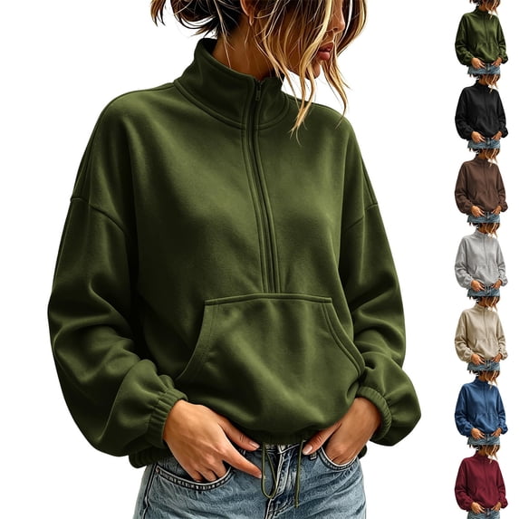 Women Quarter Zip Sweatshirt Sevevn Quarter Zip Stand Collar Relaxed Fit Fleece Fabric Kangaroo Pocket Drawstring Hem Lantern Long Sleeve For Daily Wear