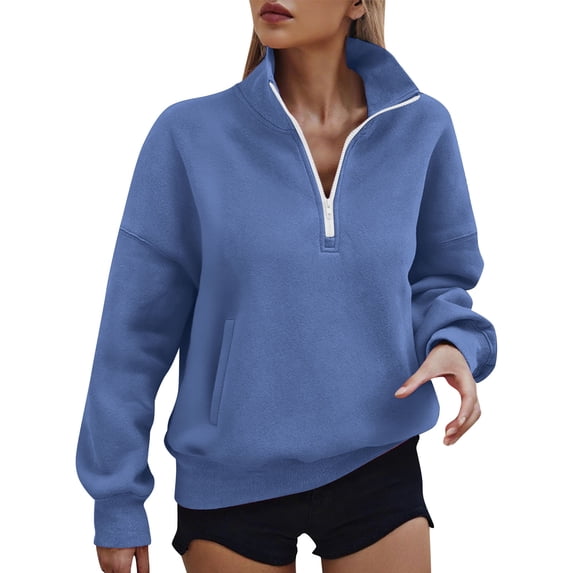 Women Quarter Zip-Up Sweatshirt Stand Collar Long Sleeve Shirt Teen Fall Casual Oversized Basic Pullover Tops
