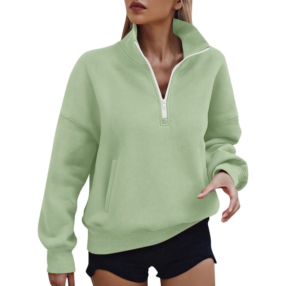 Women Quarter Zip-Up Sweatshirt Stand Collar Long Sleeve Shirt Teen Fall Casual Oversized Basic Pullover Tops