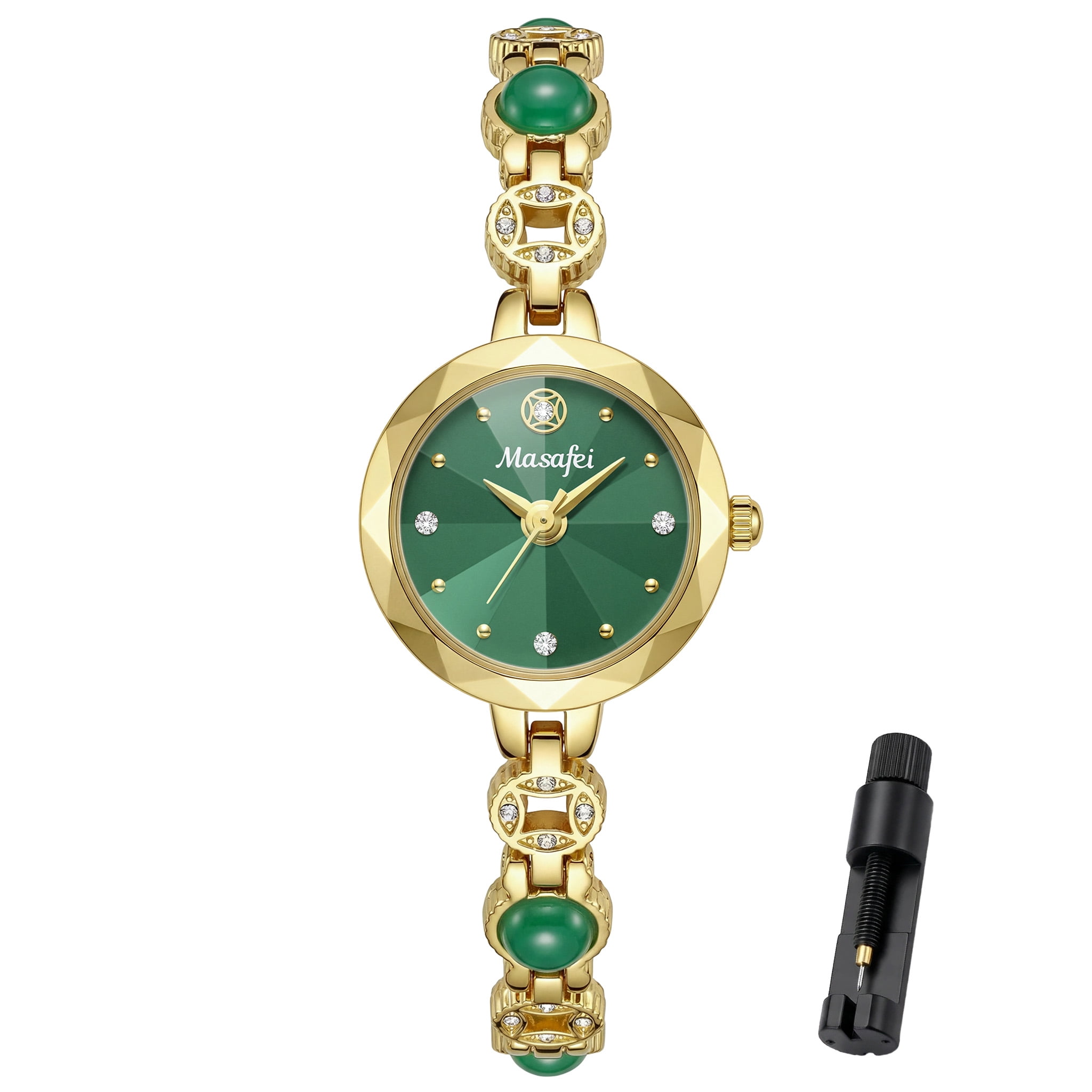 Watches for Women Dainty Green Chain Bracelet Rhinestone Dial Elegant Dress Classic Quartz Ladies Wristwatch Gift