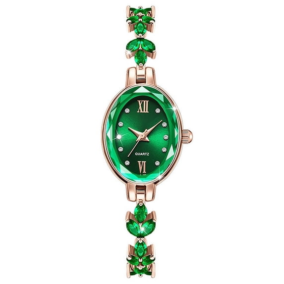 Women Quartz Wrist Watches Strap Oval Watch Artificial Crystal Rhinestone Accented Easy Read Number Dial Fashion Dress Up Adjustable Stainless Steel Green