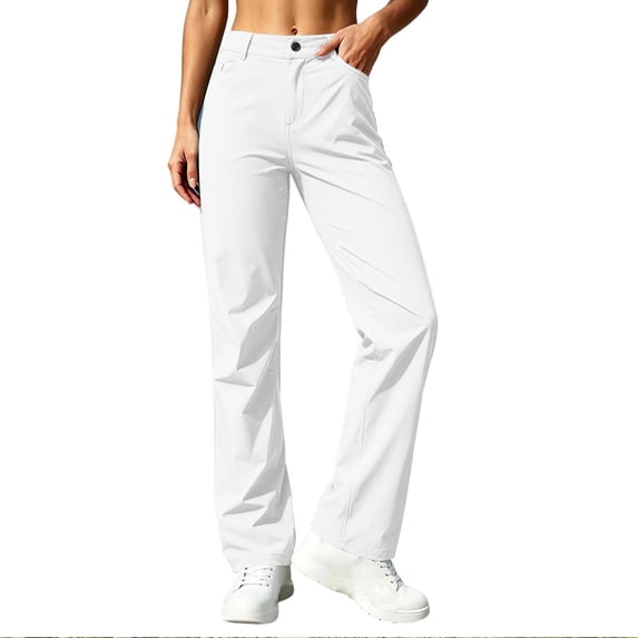 Women Quick Dry Straight Leg Casual Pants, Button Zip High Waist Lightweight Trousers, Front Side Pockets Stretch Breathable Outdoor Hiking Daily Wear Slacks White,S