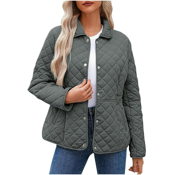 Women Quilted Barn Jacket Snap Button Diamond Long Sleeve Puffer Coat Outerwear with Pockets Warm