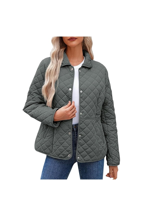 Women Quilted Barn Jacket Snap Button Diamond Long Sleeve Puffer Coat Outerwear with Pockets Warm