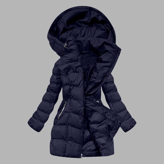 Women Quilted Down Long Coat Cotton Padded Polyester Lined Puffer Jackets Zip Pockets Winter Warm Hooded Parkas (S, Navy)