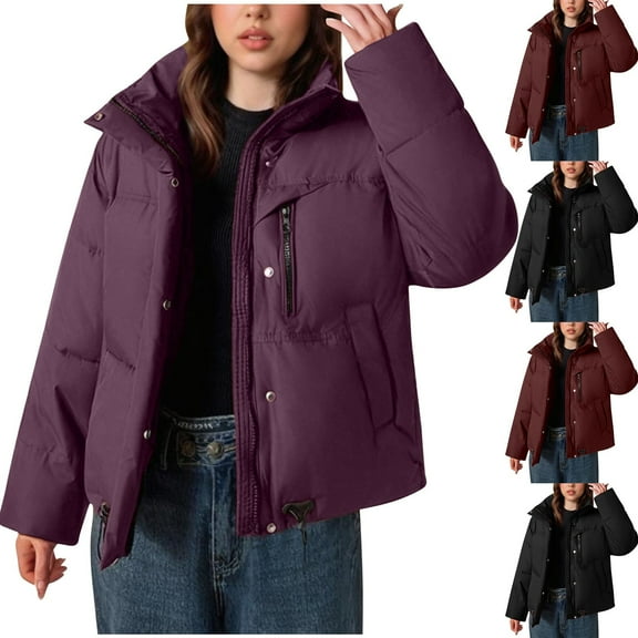 Women Quilted Jacket Long Sleeve Solid Color Padded Jacket Women Casual Full Zipper Puffer Hoodie Comfy Warm Puffer Coat with Pockets