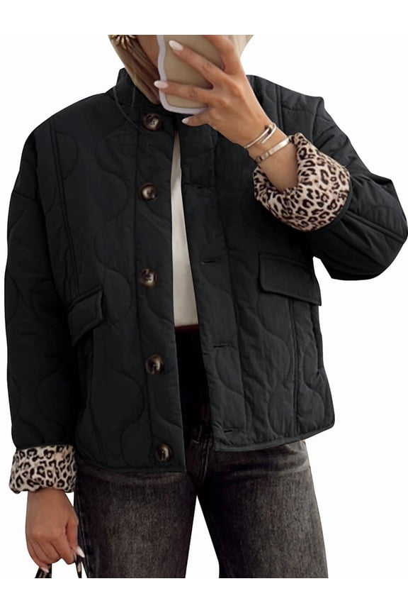 Women Quilted Jacket Oversized Leopard Lined Puffer Jacket Button Down Padded Coat Black M