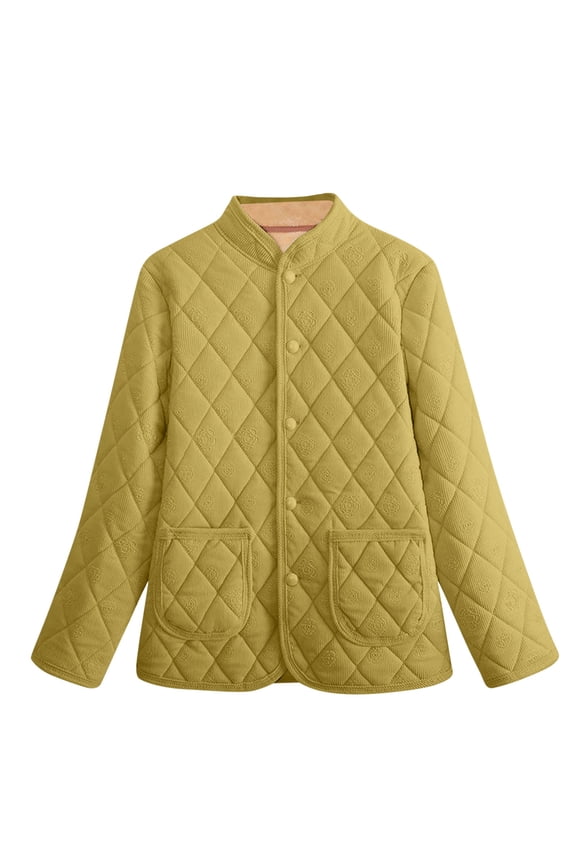 Women Quilted Puffer Coat Solid Argyle Outwear Notch Lapel Jackets Fall Winter Peacoat Button Long Sleeve Clothing Shacket Jacket Trendy Outfits Fashion Tops with Pockets