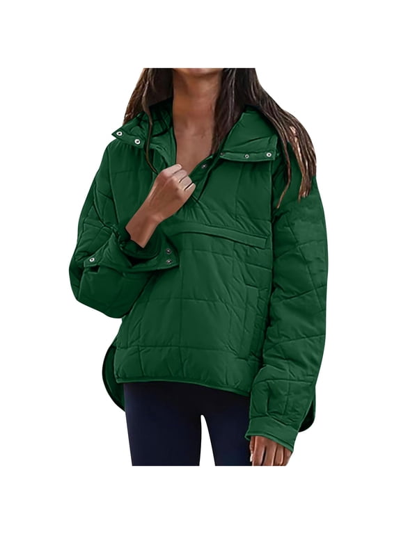 Women Quilted Puffer Hooded Jacket Solid Color Button Down Pullover Coat Lightweight Winter Puffer Outerwear
