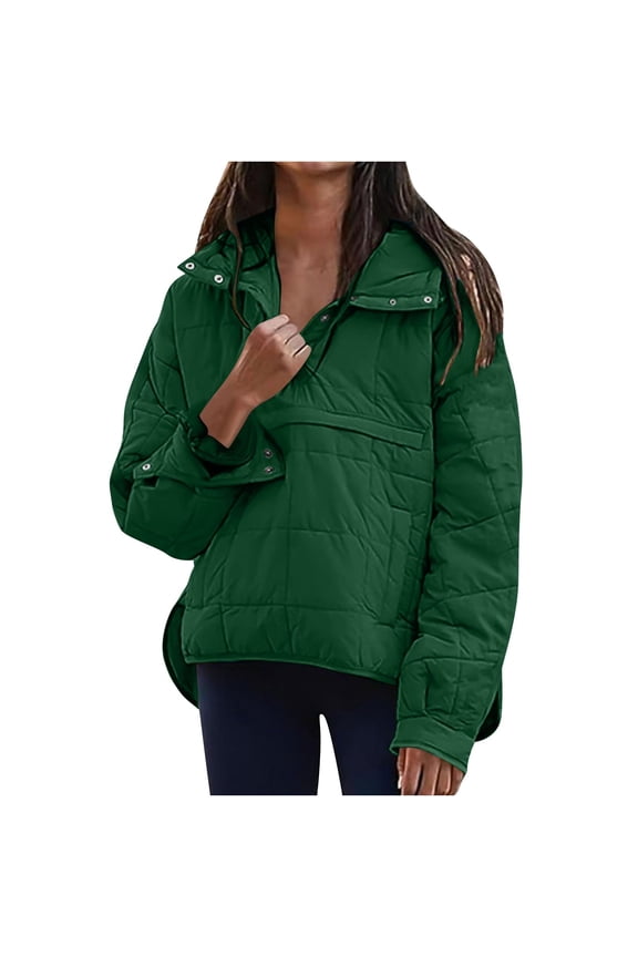 Women Quilted Puffer Hooded Jacket Solid Color Button Down Pullover Coat Lightweight Winter Puffer Outerwear