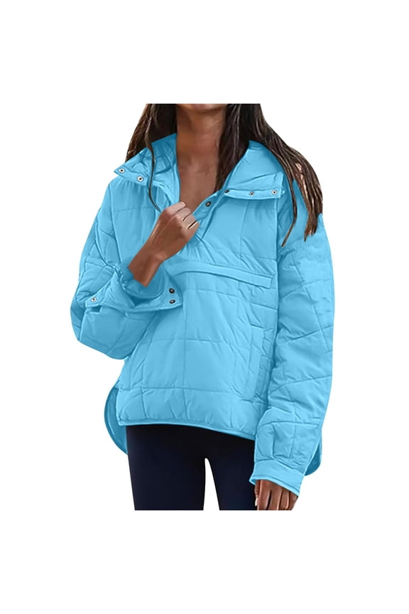 Women Quilted Puffer Hooded Jacket Solid Color Button Down Pullover Coat Lightweight Winter Puffer Outerwear