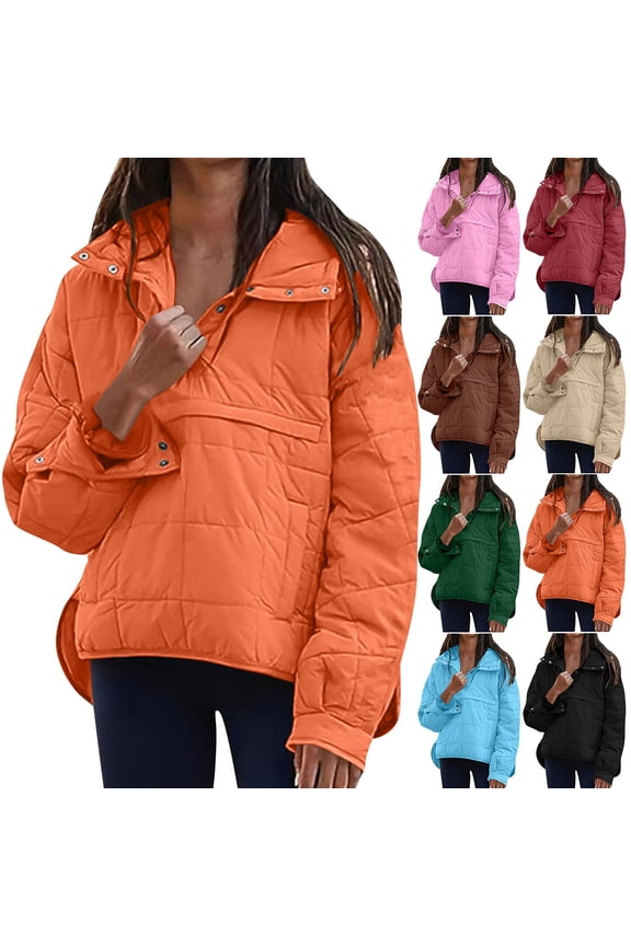 Women Quilted Puffer Hooded Jacket Solid Color Button Down Pullover Coat Lightweight Winter Puffer Outerwear