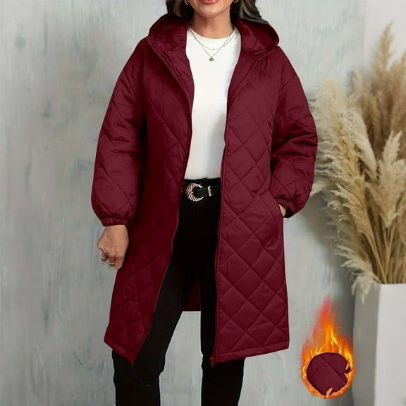 Women Quilted Puffer Jacket Fahion Casual Quilted Full Zip Up Knee Length Hooded Coats Winter Outdoor Thermal Long Sleeve Warm Comfortable Soft Down Coat