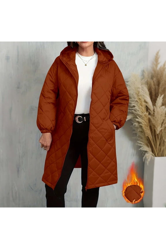 Women Quilted Puffer Jacket Fahion Casual Quilted Full Zip Up Knee Length Hooded Coats Winter Outdoor Thermal Long Sleeve Warm Comfortable Soft Down Coat