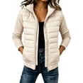 thumbnail image 1 of Women Quilted Puffer Jacket Knit Sleeve Padded Coat Zip Up Hooded Outerwear,Relaxed Comfy Daily Outing Casual Wear,Beige,XL, 1 of 7